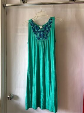 Sleeveless Teal Midi Dress with Navy Embroidered Yoke